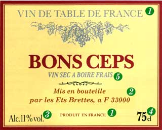 Этикетка французского столового вина - VIN DE TABLE DE FRANCE